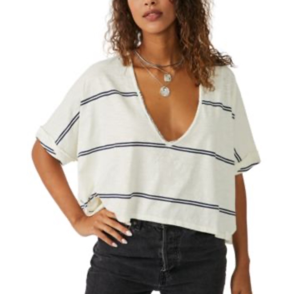 Free People Cream Short Sleeve V-Neck Stripe Tee